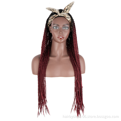 Burgundy color 34 inches Two plait wholesale Braided Wigs Long Twist Braids style synthetic hair headband wig for black women
